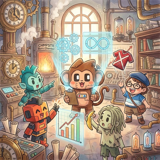 A colorful cartoon illustration depicts a steampunk workshop with a monkey-like character holding a clipboard, surrounded by a teal-haired figure, a robot, a boy with glasses, and a ragged character, with holographic displays showing gears, an infinity symbol, charts, and a Bitcoin logo.