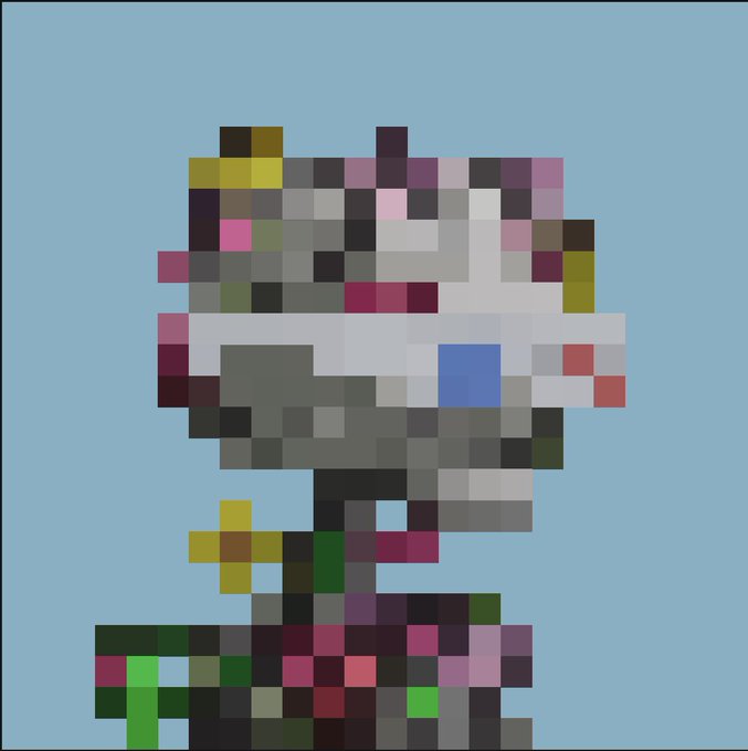 A heavily pixelated/mosaic image appearing to show a figure or creature with colorful blocks against a light blue background, obscuring any clear details.