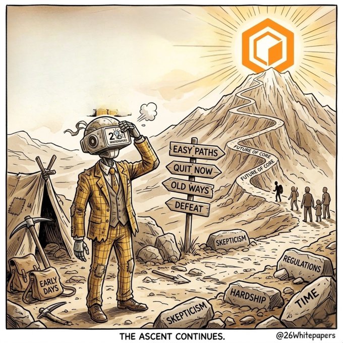 A cartoon illustration of a robot-headed figure in a yellow suit gazing up at a mountain with directional signs reading 'Easy Paths', 'Quit Now', 'Old Ways', and 'Defeat', captioned 'THE ASCENT CONTINUES. @26Whitepapers'.