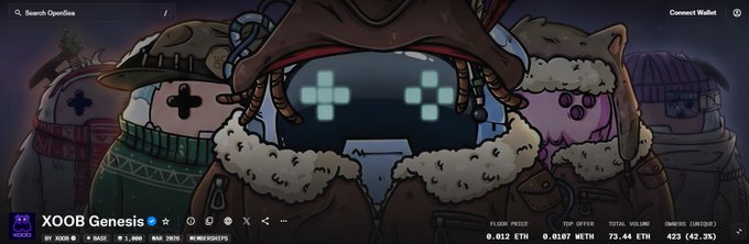 The image features a cartoon character wearing a brown jacket and hat standing next to other cartoon characters, including a robot. The text in the image reads "XOOB Genesis", which suggests that this is related to a game or project on the blockchain. The main caption of the image states that the creator network is building an ecosystem for gameplay, NFTs, mining, and creator tools, with a focus on smart gameplay and real-world applications.