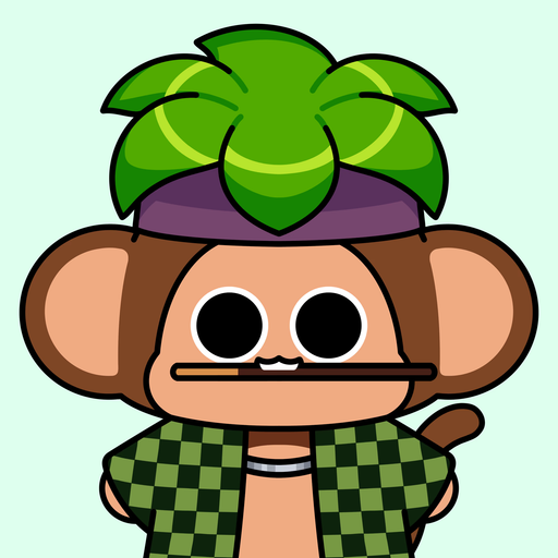 A cartoon character with large round eyes, wearing a green leaf hat and a green checkered shirt, holding a stick in its mouth.