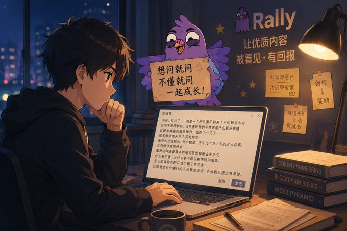 The image features a young man sitting at a desk, working on his laptop computer while holding a sign with Chinese characters that says "Rally On Chain". The scene takes place in an urban setting, as indicated by the presence of buildings visible through a window behind him. The man appears to be focused and engaged in his work or possibly promoting something related to the word "Rally" on chain.