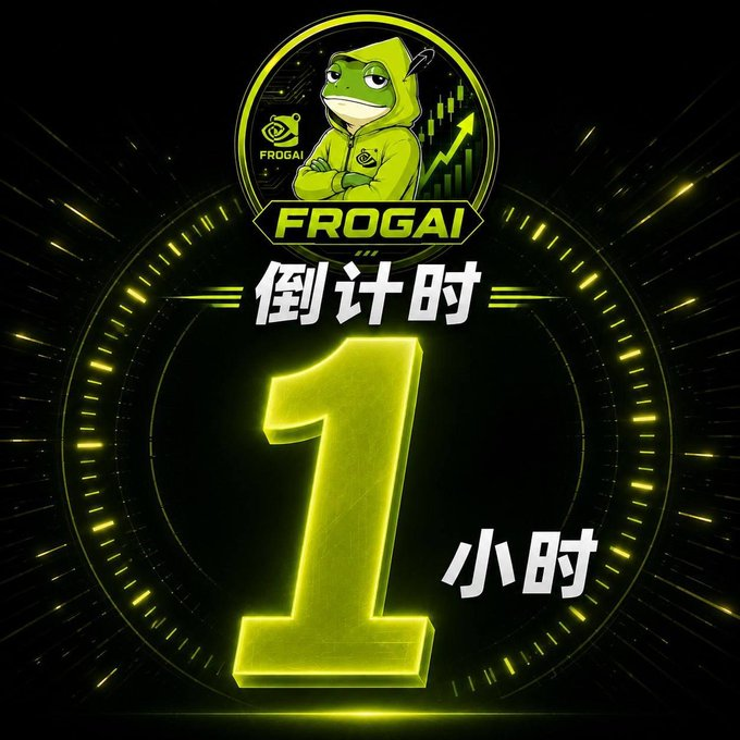 A "FROGAI" promotional countdown graphic displaying "倒计时 1 小时" (Countdown 1 Hour), featuring a frog character in a hoodie with green and yellow neon styling. This likely relates to an upcoming FROGAI token launch or event on BSC, timed to the discussion about early investment opportunities in trending Stock MEME narratives before prices get pumped.