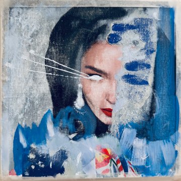 A mixed-media or painted portrait of a woman with dark hair, wearing red lipstick and a blue headpiece, with white whiskers painted on her cheek, set against a textured blue background.