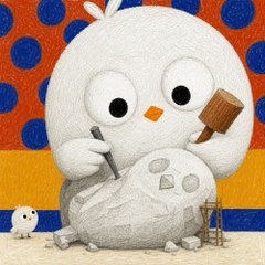 A 3D rendered cartoon illustration of a round white bird-like character sitting and sculpting a large rock into a face shape using a hammer and chisel.