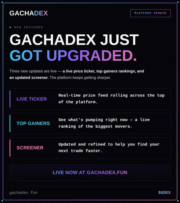 A dark-themed promotional graphic for GACHADEX announcing platform upgrades including a live ticker, top gainers rankings, and an updated screener, with 'LIVE NOW AT GACHADEX.FUN'.