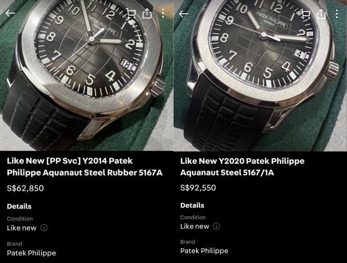 A split image showing two listings for Patek Philippe Aquanaut Steel watches: a 2014 model 5167A for S$62,850 and a 2020 model 5167/1A for S$92,550, both in 'Like New' condition.