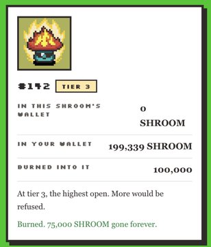An image of a Shroom NFT on the RetailShrooms platform displaying Tier 3 with a cost of 0.142 ETH (or 199,339 $SHROOM), noting that 75,000 SHROOM was burned, which relates to the post about the double burn and on-chain reward system.