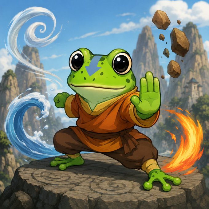 Illustration of a green cartoon frog character wearing an orange martial arts robe, posed in a fighting stance on a stone platform while manipulating swirls of water and fire, set against a mountain backdrop.