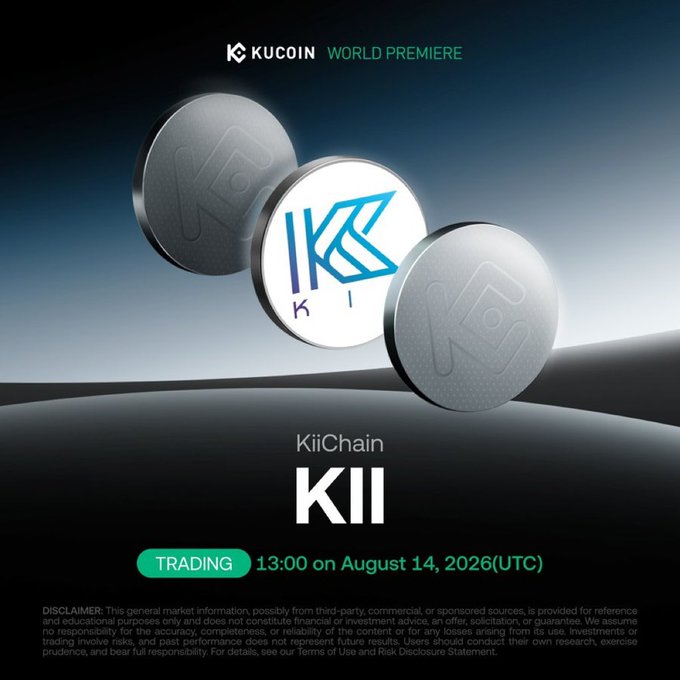 Promotional graphic from KuCoin announcing the world premiere listing of KiiChain ($KII), with trading scheduled to begin at 13:00 UTC on August 14, 2026, aligning with the post's confirmation of KII's dual exchange listings on Bybit and KuCoin.