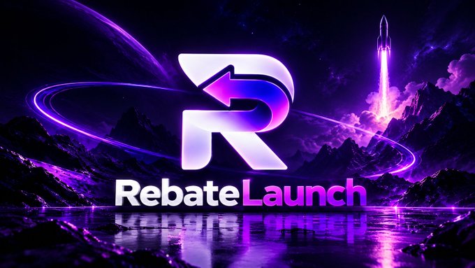 A promotional banner for 'RebateLaunch' featuring a large stylized 'R' logo with a rocket launching in the background against a purple cosmic scene.