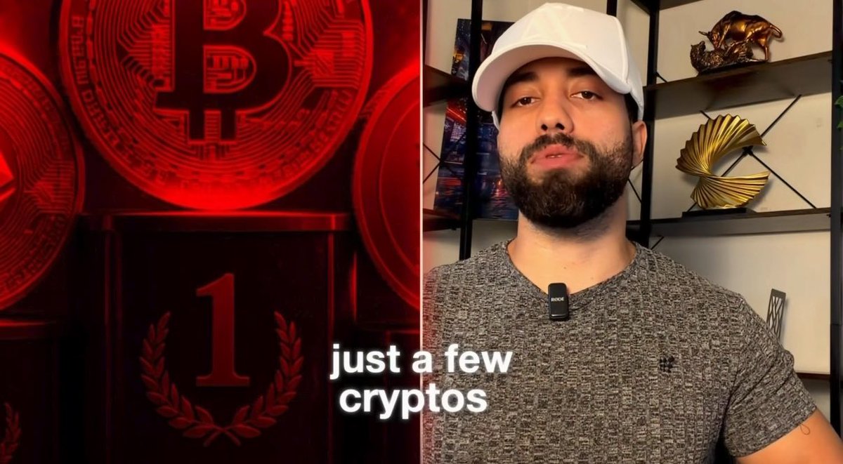 A split-screen image showing Bitcoin imagery with a '1' laurel wreath design on the left and a man in a white cap and gray shirt speaking on the right, with text overlay 'just a few cryptos'.