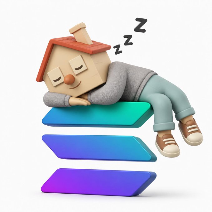 A cute 3D-rendered character with a house for a head sleeps peacefully atop a stack of three floating platforms in teal, blue, and purple. Three "Z" symbols float above, indicating deep sleep, suggesting Chillhouse — a literal house — is taking a well-deserved rest on Solana.