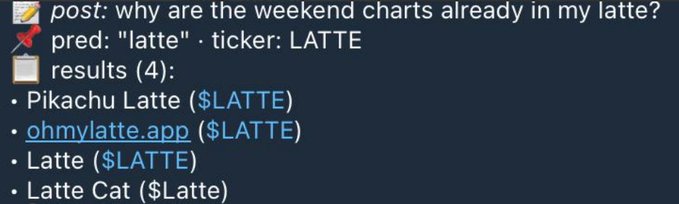 A Discord chat message asks 'why are the weekend charts already in my latte?' with prediction results listing tickers like 'LATTE' including Pikachu Latte and Latte Cat.