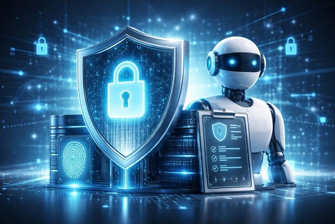 A digital illustration featuring a white robot character standing next to a large blue shield with a padlock symbol, alongside servers and a clipboard, representing cybersecurity or AI security.