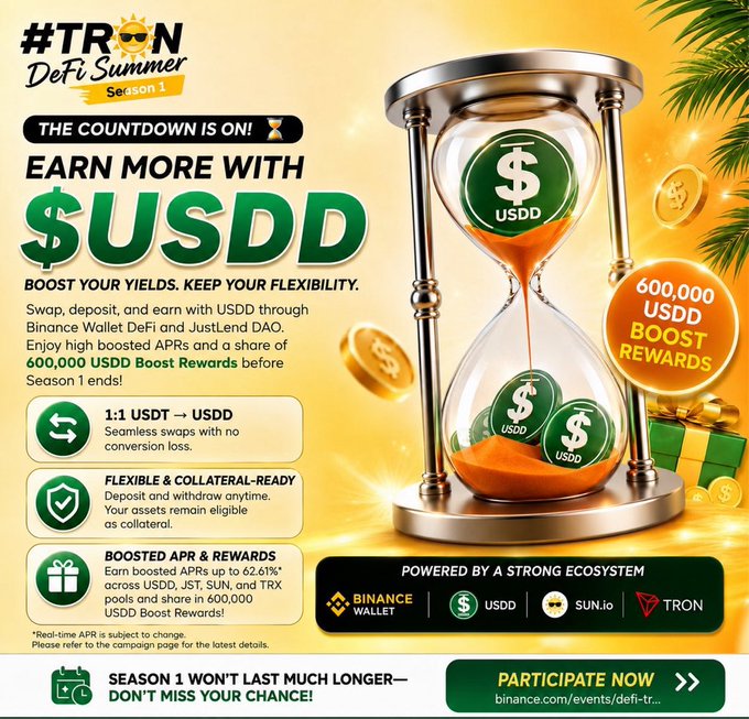 A promotional graphic for "#TRON DeFi Summer Season 1" advertises earning opportunities with USDD through Binance Wallet and JustLend DAO, featuring an hourglass with USDD coins and highlighting "600,000 USDD Boost Rewards" alongside boosted APRs up to 62.61%. The design supports the post's urgency about the countdown to the campaign's finale, visually reinforcing the "last opportunity" message with its hourglass imagery and "Season 1 won't last much longer—don't miss your chance!" call-to-action directing users to binance.com/events/defi-tron.