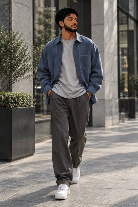 A man of South Asian descent strolls confidently down a city sidewalk, dressed in a smart-casual ensemble featuring a denim jacket layered over a gray tee, along with wide-leg trousers. His look is complemented by clean white sneakers and a discreet necklace, suggesting a blend of street style and professional fashion. The mention of "GM CT" could imply that this image is part of a campaign or editorial spread related to a brand or individual with those initials, possibly in the context of fashion or a lifestyle feature.