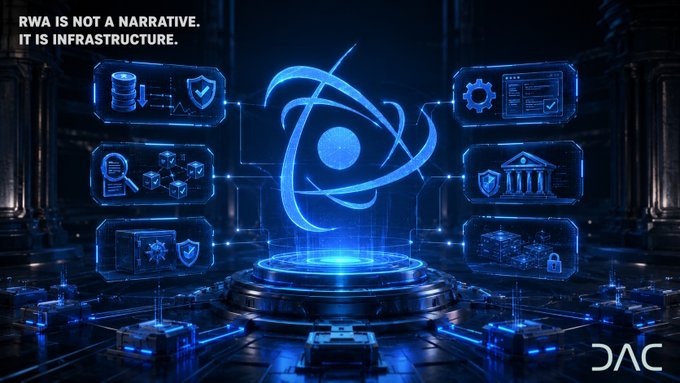The image features a futuristic scene with a large blue diamond-shaped object at its center, surrounded by smaller blue circles representing different types of assets or tokens. The text "RWA is not a narrative. It is an infrastructure problem." is displayed above the diamond shape, and the phrase "That's why @dac_chain" is written below it. This suggests that the image is related to DAC Chain, which is a blockchain-based distributed ledger technology designed for tokenized assets like cryptocurrencies or tokens used in various industries. The focus of the image is on the relationship between RWA (regulatory reporting and warehousing) and DAC Chain, highlighting how these two concepts are interconnected within the context of infrastructure problems.