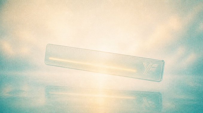 A clear plastic ruler marked with "Y²" floats against a hazy, sunlit backdrop, with its reflection visible below—symbolizing the precise measurement and benchmarking of yield rates referenced in the post about optimizing returns against Robinhood's USDG vault.