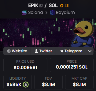 A cryptocurrency information card displays EPIK/SOL on Raydium, priced at $0.009591 (0.0001251 SOL) with $585K liquidity and an $8.1M market cap, suggesting the $EPIK token has stronger fundamentals than typical "free" influencer-allocated coins.