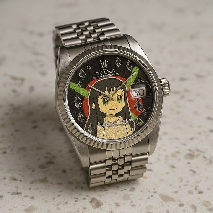 A close-up of a Rolex Oyster Perpetual Datejust watch featuring a custom dial with an anime-style girl character, displayed on a speckled stone surface.