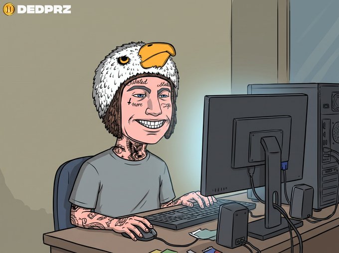 A cartoon illustration shows a tattooed young man wearing an eagle-themed balaclava sitting at a computer desk with a keyboard and mouse, with "DEDPRZ" branding visible in the top left corner. The image humorously depicts an anonymous online player at their gaming setup, complementing the post's message about Provably Fair verification in crypto gaming by representing the typical user who can independently verify game outcomes without trusting the operator blindly.