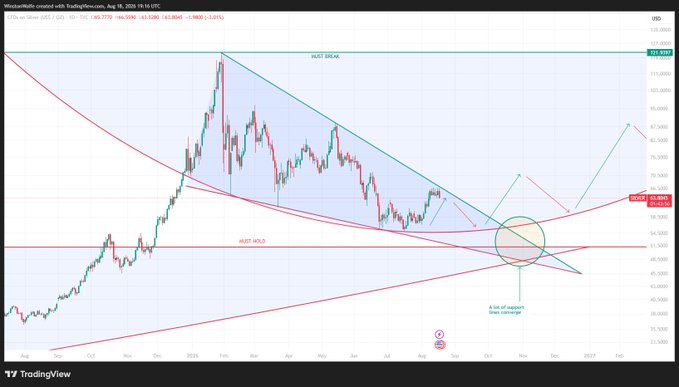 A TradingView candlestick chart of Silver (XAG/USD) on the daily timeframe shows price testing a major "FIBO1 GOLD" support level near $46.32, where a downward-pointing wedge pattern converges with an arc support, creating the "paradox" of bearish structure within a bullish larger trend highlighted by the "BUY DIPS" annotation.