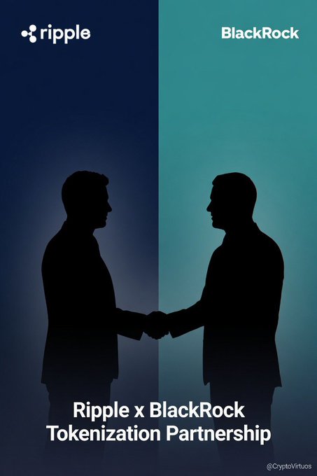 The image features two men shaking hands, symbolizing a partnership between Ripple and BlackRock. They are standing against a blue background with white text that reads "Ripple x BlackRock Tokennization Partnership". The text also mentions that this partnership could boost institutional use of blockchain technology by providing tokenization services for asset tokens.