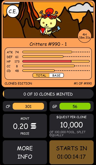 A mobile screen from the Critters Quest game shows a Clone D Edition NFT (Critters #990-1) with stats ATK 74, DEF 61, HP 173, minting for 0.20 ETH with a 10,000 $QUEST pool payout and a countdown timer of 01:00:14:17 until start. The post promotes the affordable entry point to minting clones in the game.