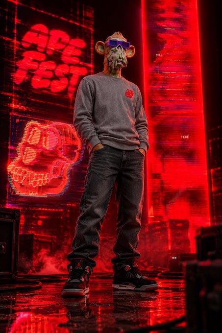 Full-body promotional render of an anthropomorphic ape character wearing a gray sweatshirt, dark jeans, sneakers, and futuristic sunglasses, standing against a red neon-lit backdrop featuring 'APE FEST' text and a glowing ape skull.