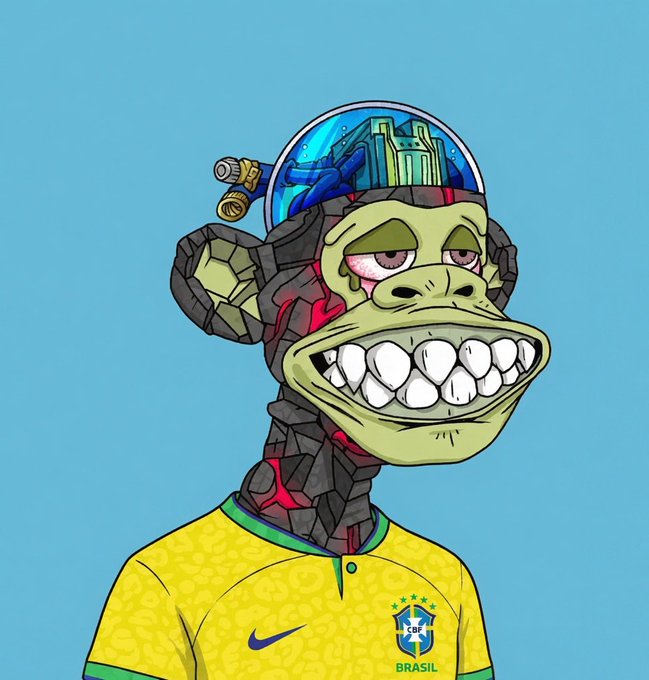 The image features a cartoon monkey wearing a yellow shirt with Brazil written across its chest, standing against a blue background. The monkey has a green face adorned with a hat that looks like a helmet, giving it an amusing appearance. The caption "GM @ BillyBoyBeats sorry bro" is also present in the image.