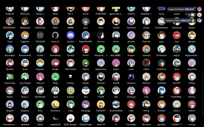 A Discord server member list displaying numerous user avatars in a grid layout, with a chat message reading 'happy birthday! @Bokah7' visible in the top right corner.