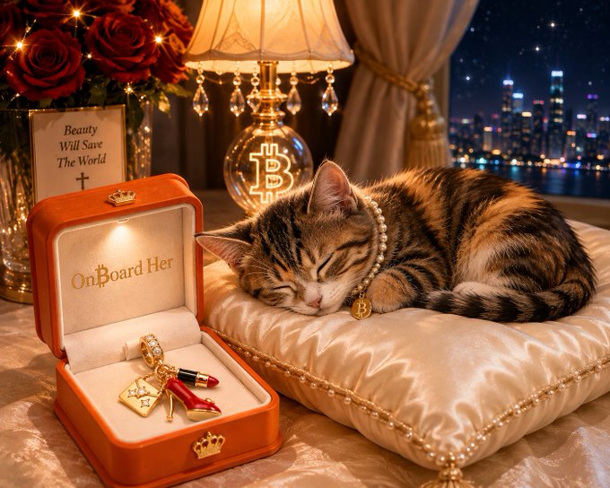 An AI-generated scene featuring a sleeping tabby cat wearing a pearl Bitcoin pendant, next to a jewelry box, a "Beauty Will Save The World" sign, and a lamp with a Bitcoin symbol.