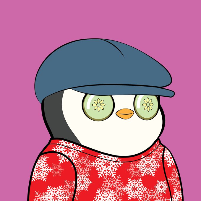 A cartoon penguin wearing a blue flat cap and a red snowflake-patterned sweater, with cucumber slices over its eyes.