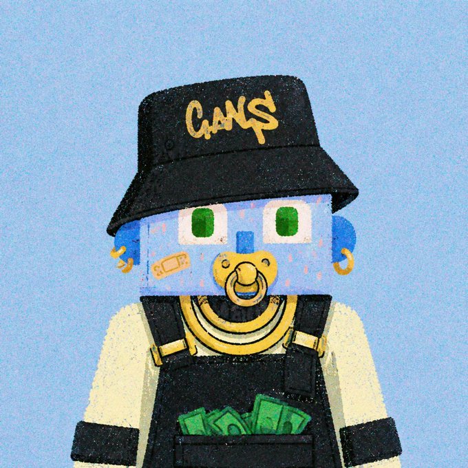A Lego-style character illustration shows a blue-skinned figure with green eyes, a gold pacifier, and a black bucket hat labeled 'GAN$' in graffiti-style lettering, wearing black overalls stuffed with cash.