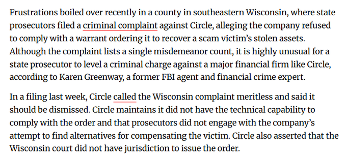 A screenshot of a news article reporting that state prosecutors in southeastern Wisconsin filed a criminal complaint against Circle for refusing to comply with a warrant to recover a scam victim's stolen assets. The article quotes former FBI agent Karen Greenway and notes Circle called the complaint "meritless," claiming it lacked the technical capability to comply and disputing the court's jurisdiction.