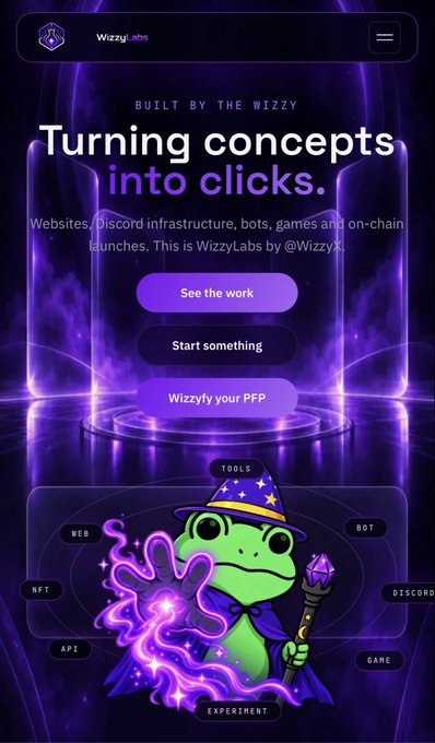 A website mockup for "WizzyLabs" with the text "Turning concepts into clicks," featuring a wizard frog mascot surrounded by tags like WEB, NFT, API, BOT, and DISCORD.