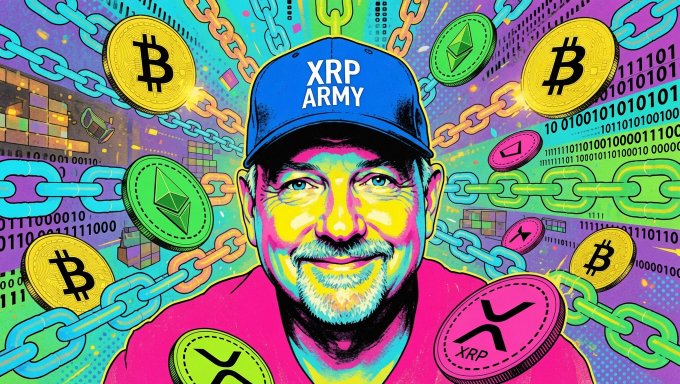 xtrp army logo is displayed on a man's head, surrounded by colorful coins and chains against a vibrant background of blue, green, yellow, pink, orange, and white.