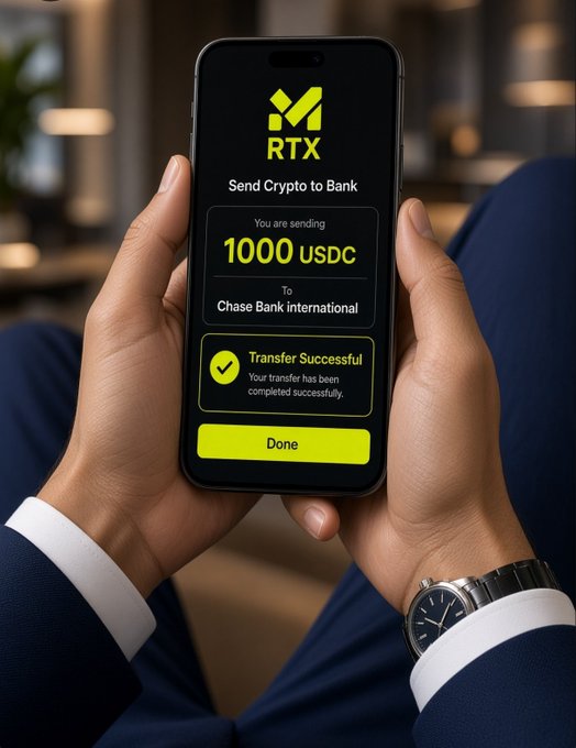A person wearing a navy suit and silver watch holds a smartphone displaying the RTX app, showing a successful transfer of 1000 USDC to Chase Bank International with a yellow 'Transfer Successful' confirmation.