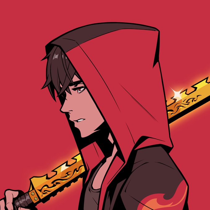 An anime-style character wearing a striking red hooded cloak is shown in profile, gripping a glowing golden sword with ornate engravings against a matching red background. The vivid red color of the character's attire perfectly embodies the post's declaration, "Nothing beats Azuki red!" — celebrating the bold, crimson aesthetic.