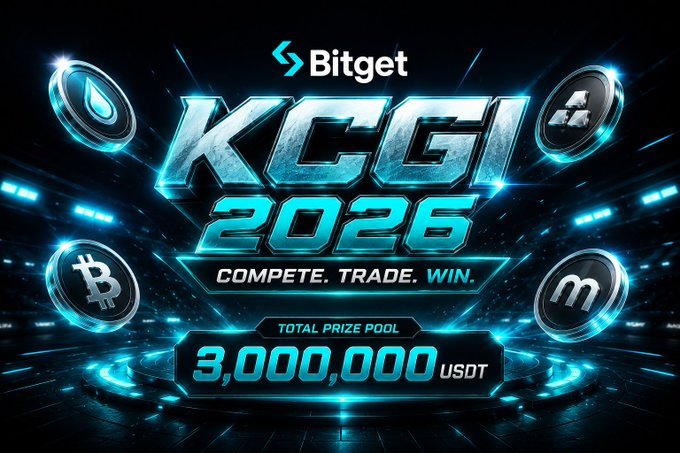 A promotional banner for 'Bitget KCGI 2026' with the tagline 'COMPETE. TRADE. WIN.' and a 'TOTAL PRIZE POOL' of 3,000,000 USDT, featuring various cryptocurrency coin graphics.
