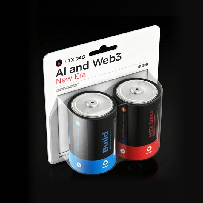 A 3D render of two batteries packaged as 'HTX DAO - AI and Web3 New Era', labeled 'Build' and 'HTX DAO'.