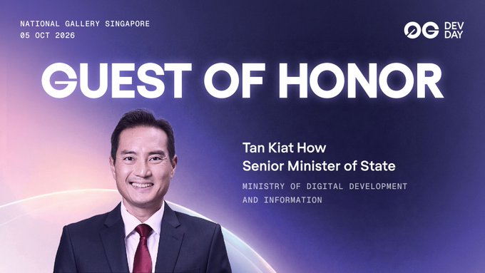 A promotional graphic for DEV DAY at the National Gallery Singapore on 05 Oct 2026, announcing Tan Kiat How, Senior Minister of State at the Ministry of Digital Development and Information, as the Guest of Honor.
