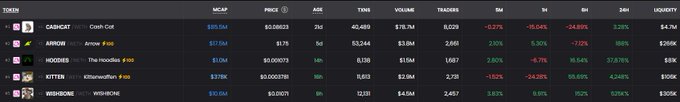 Cryptocurrency token listing table showing tokens CASHCAT, ARROW, HOGISHES, KITTEN, and WISHBONE with their market cap, price, age, transactions, volume, traders, and percentage changes across various timeframes.