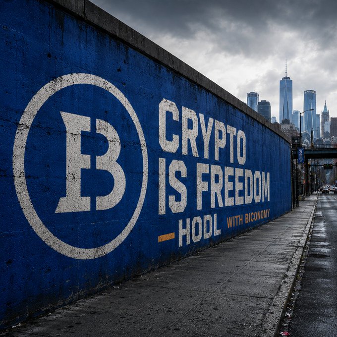 A photograph of a large blue mural painted on a concrete wall reading 'CRYPTO IS FREEDOM' and 'HODL WITH BITCONOMY' alongside a large white 'B' logo, set against an overcast city skyline.