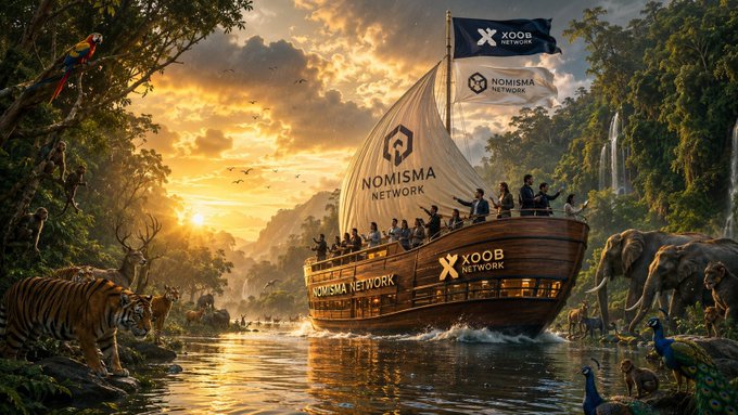 Digital artwork of a wooden ship labeled 'NOMISMA NETWORK' and 'XOOB NETWORK' sailing through a jungle river at sunset, surrounded by tigers, parrots, and elephants.