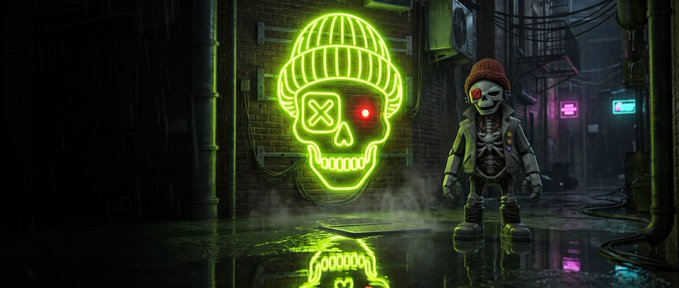 A dark, cyberpunk-style digital artwork featuring a neon green skull wearing a beanie on a brick wall, alongside a skull-faced character in an orange beanie standing in a dimly lit alleyway.