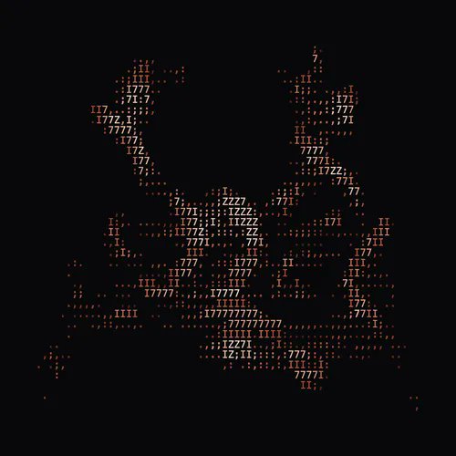ASCII art on a black background forming the shape of a figure or creature using numbers like 1, 7, and z in an orange-red hue.