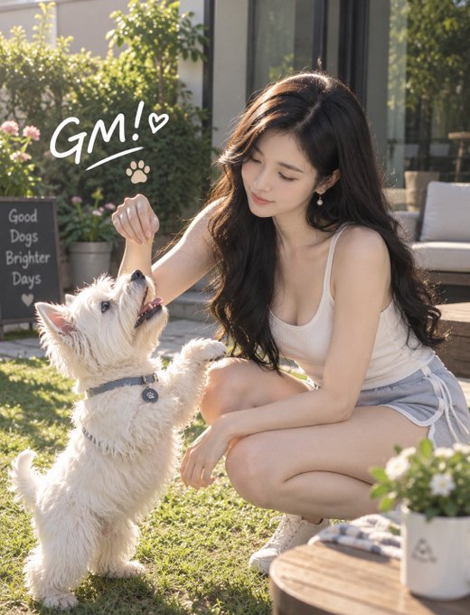 A young woman playing with a white dog in a garden, with a "GM!♡" text overlay, paw print, and a chalkboard sign reading "Good Dogs Brighter Days".