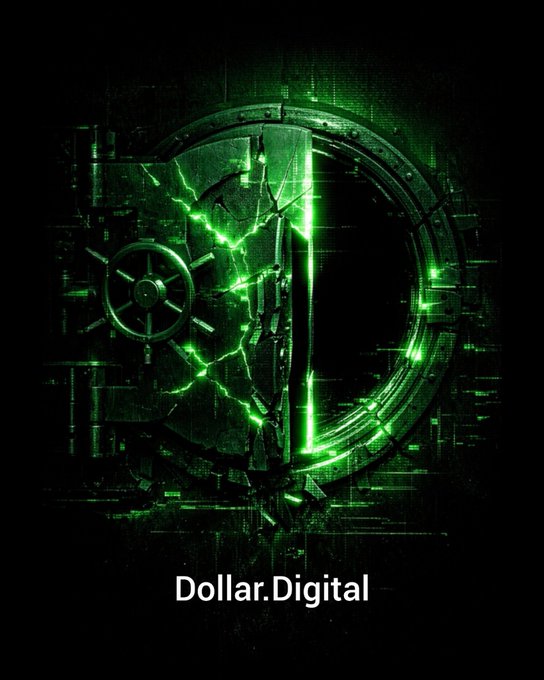 A green digital glitch-art illustration of a bank vault door with the text 'Dollar.Digital' at the bottom.